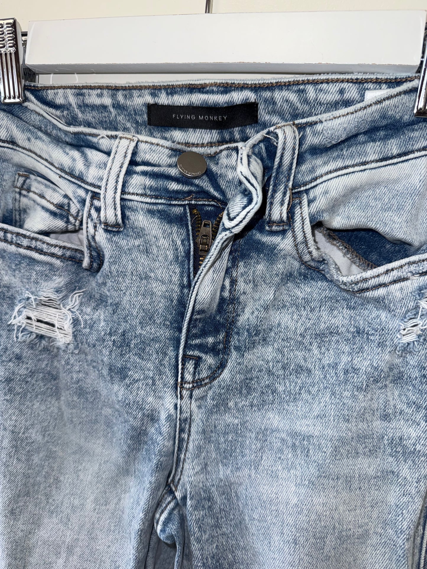 Flying Monkey (24) Distressed High Rise Flare Washed Blue Denim Jeans