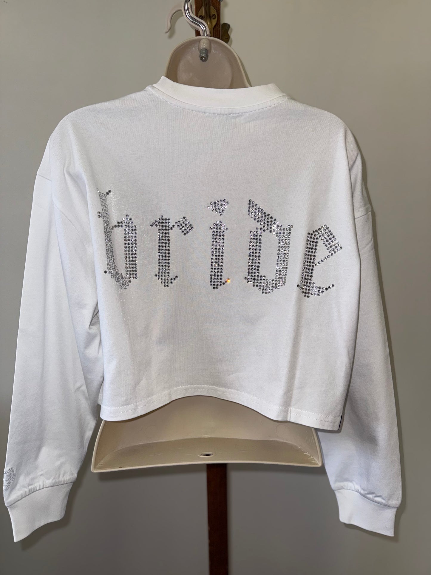 NWT Bride Merch (Small OR XS) Brand New Jeweled 'Bride' White Long Sleeve Crop Top