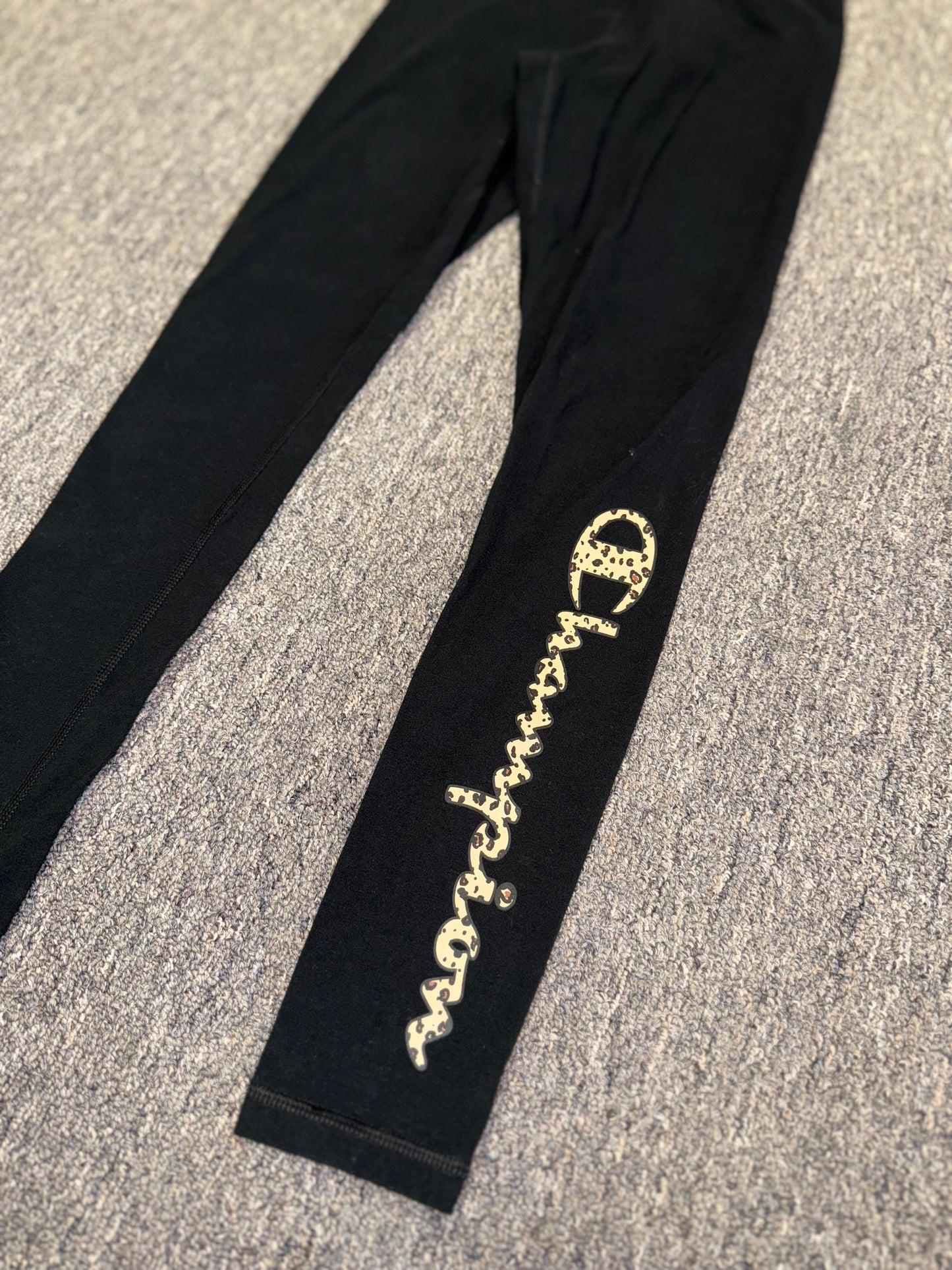 Champion (Small) Black Leggings with Cheetah Print Logo and Waistband