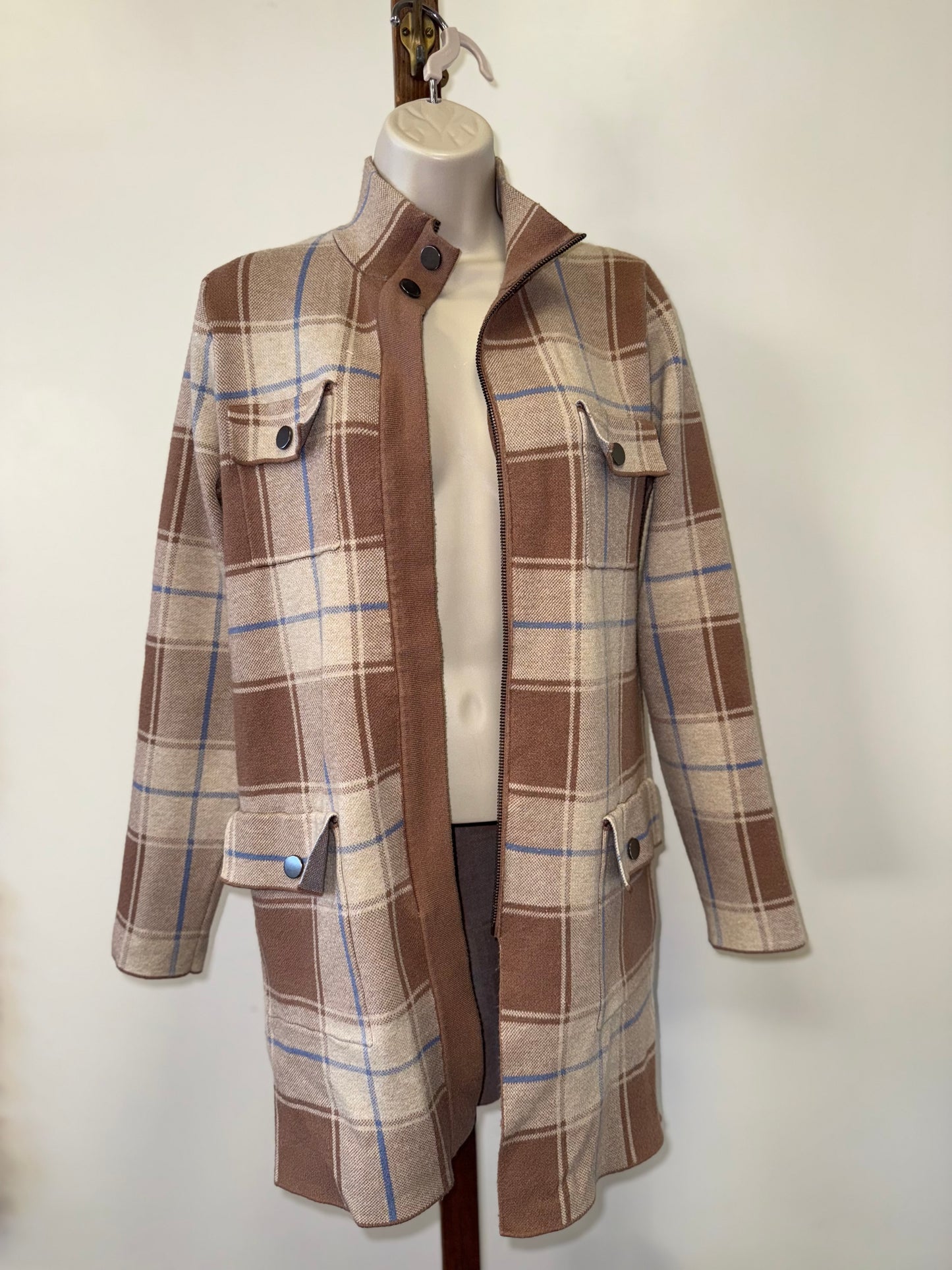 Max Studio (Large) Brown//Blue Plaid Zip Up Trench Coat