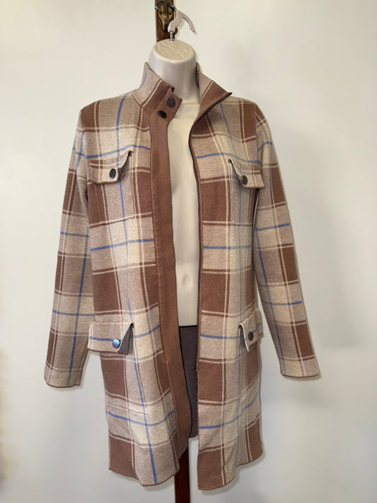 Max Studio (Large) Brown//Blue Plaid Zip Up Trench Coat