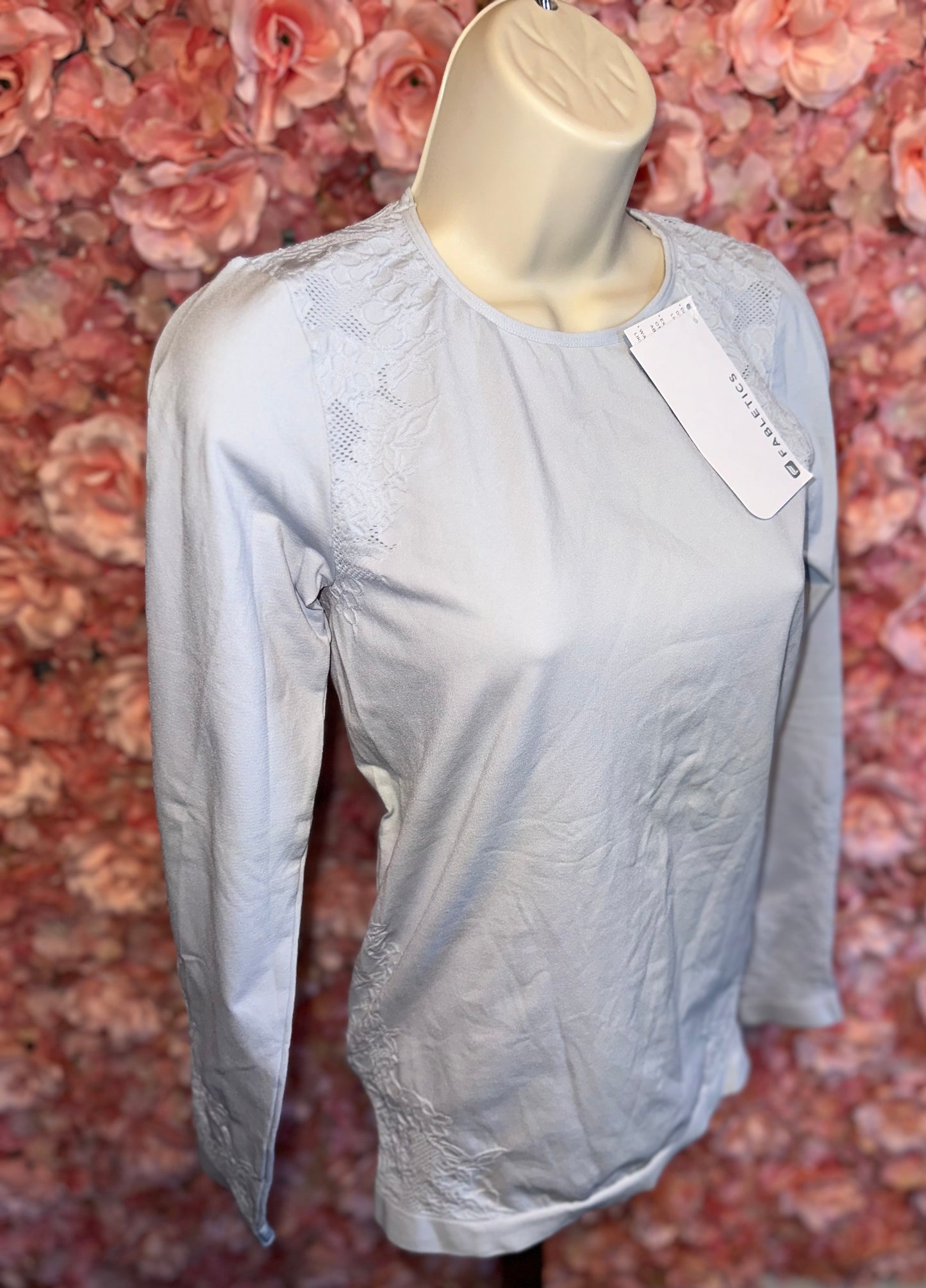 NWT Fabletics (Small) Brand New Light Blue Floral Mesh Form Fitting Long Sleeve