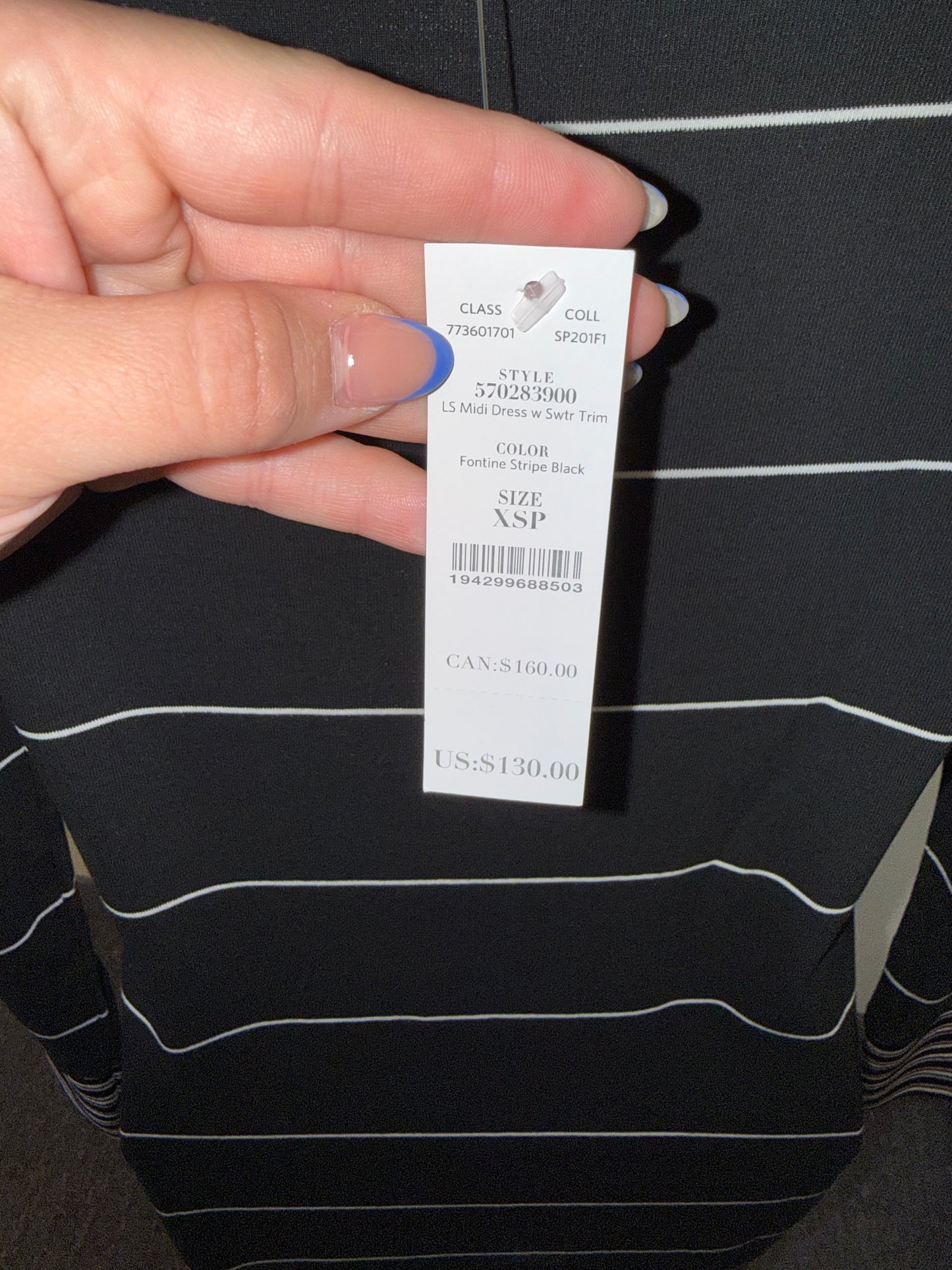 NWT WHBM (XSP) Brand New Black Long Sleeve Dress w/ Pink & White Stripes