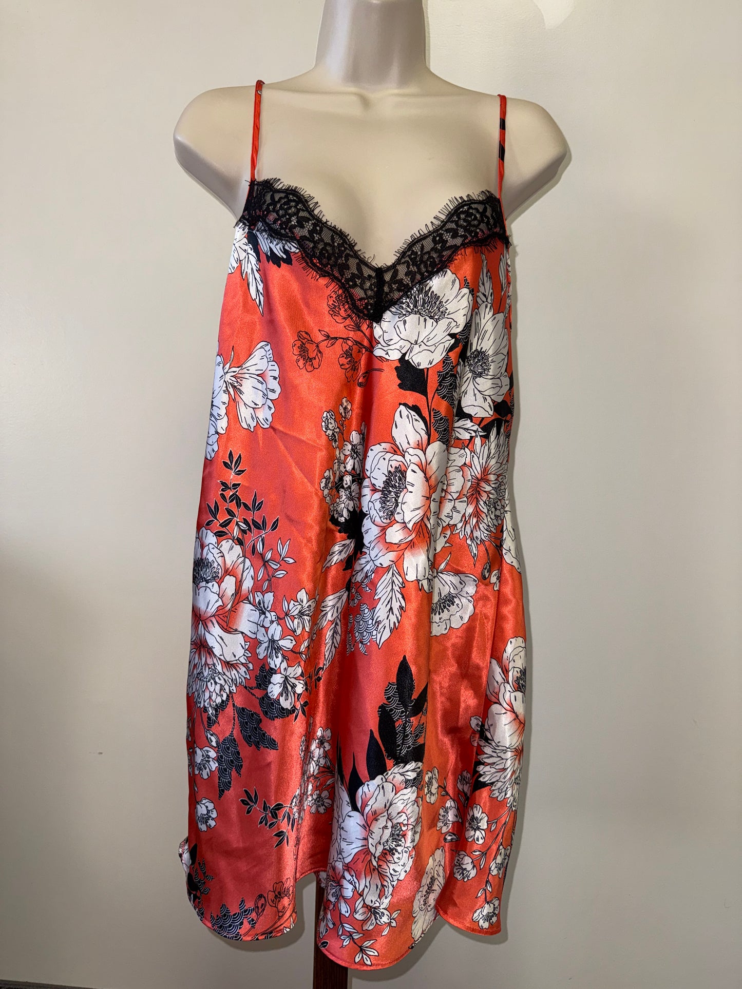 Secret Treasures (Medium) Coral Floral Chemise Slip Dress with Lace Trim