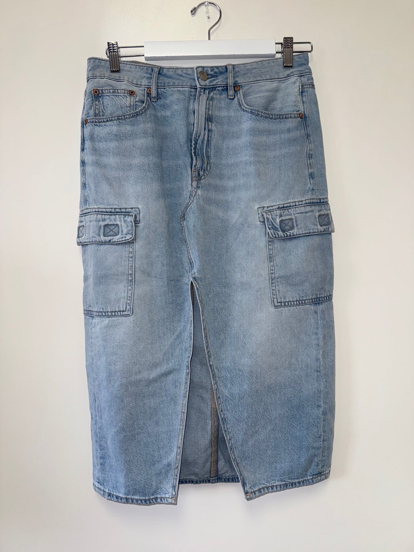 American Eagle (6) High Rise Midi Denim Jean Skirt with Stretch