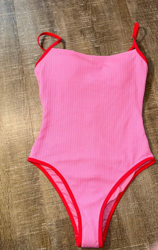 Wild Fable (Small) Brand New Hot Pink Textured One Piece Swimsuit with Low Neck