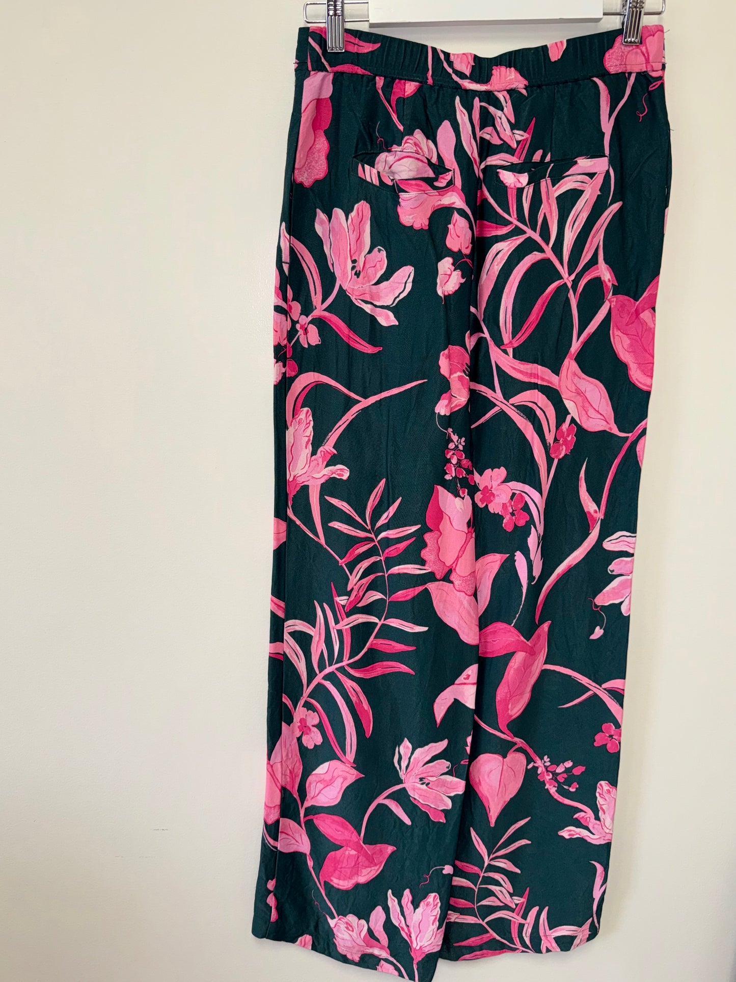 Anthropologie (4) Green Straight Pants with Pink Floral Pattern