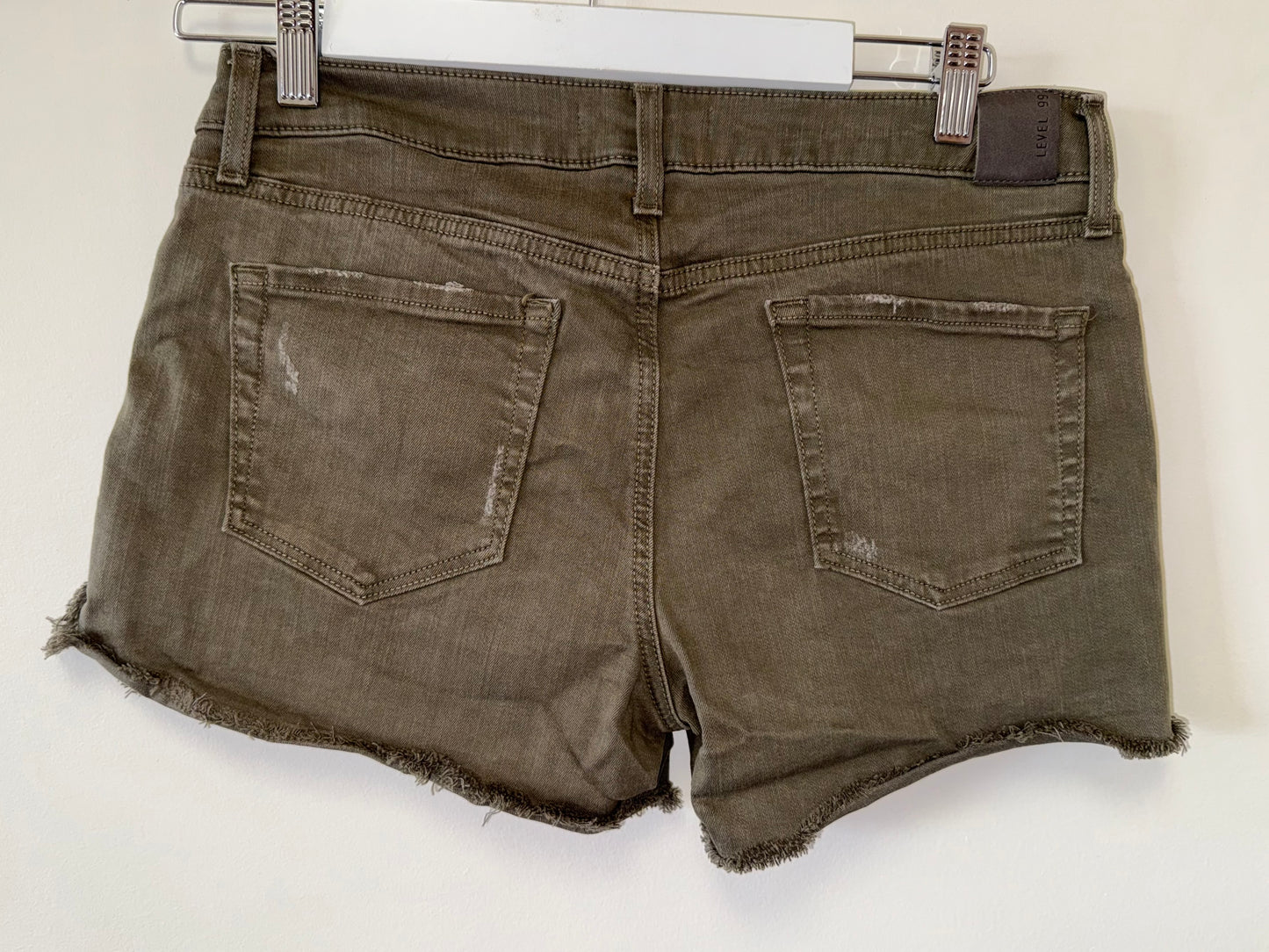 Level 99 (27) Olive Green Denim Frayed Hem Jean Shorts