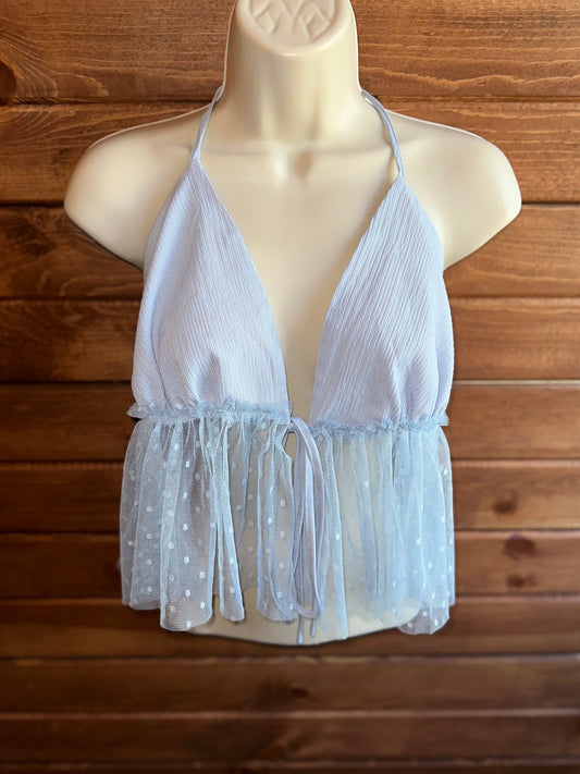 SHEIN (Small) Light Blue Sheer Ruffle Bottom Crop Top