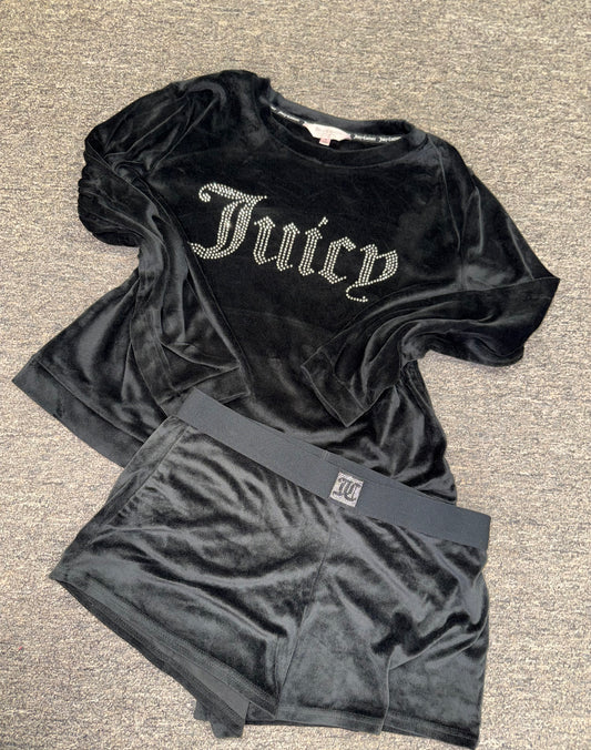 Juicy Couture (Medium) Black Velour Dazzled Logo Crewneck & Shorts SET