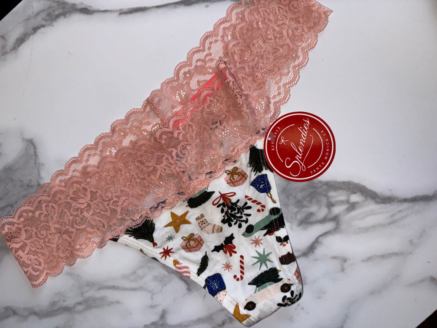 NWT Splendies (XL) Brand New Christmas Themed Pattern Thong with Lace