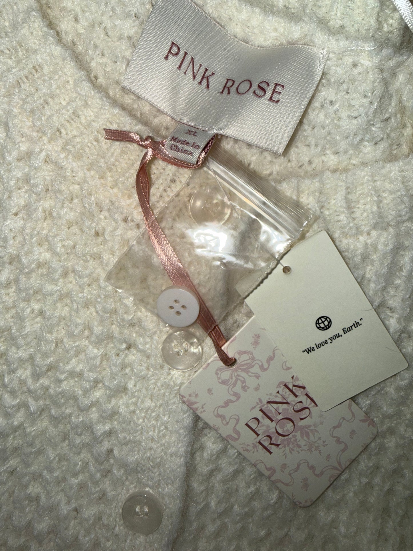 NWT Pink Rose (XL) Brand New Cream Soft Knit Button Up Short Sleeve Sweater
