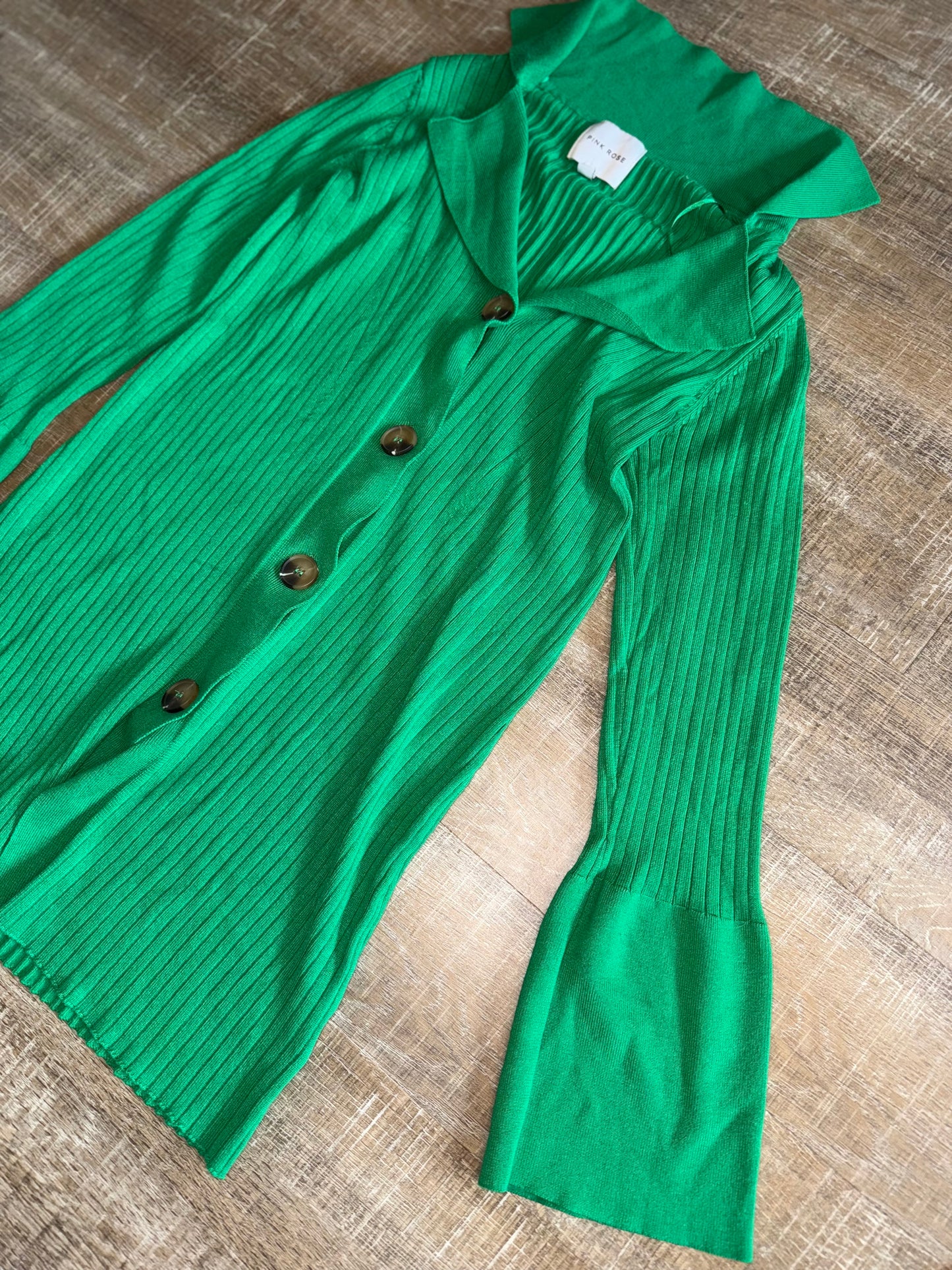 Pink Rose (Small) Green Ribbed Bootcut Pants and Button Up Top SET
