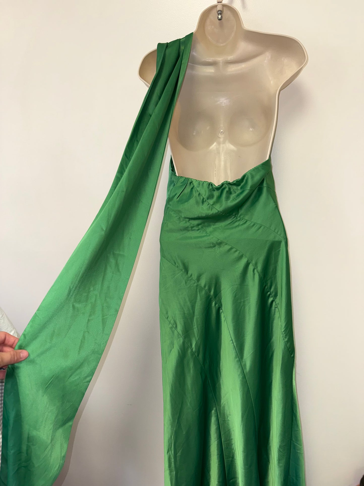 Hello Molly (4) Green One Shoulder Elegant Evening Maxi Dress with Neck Scarf