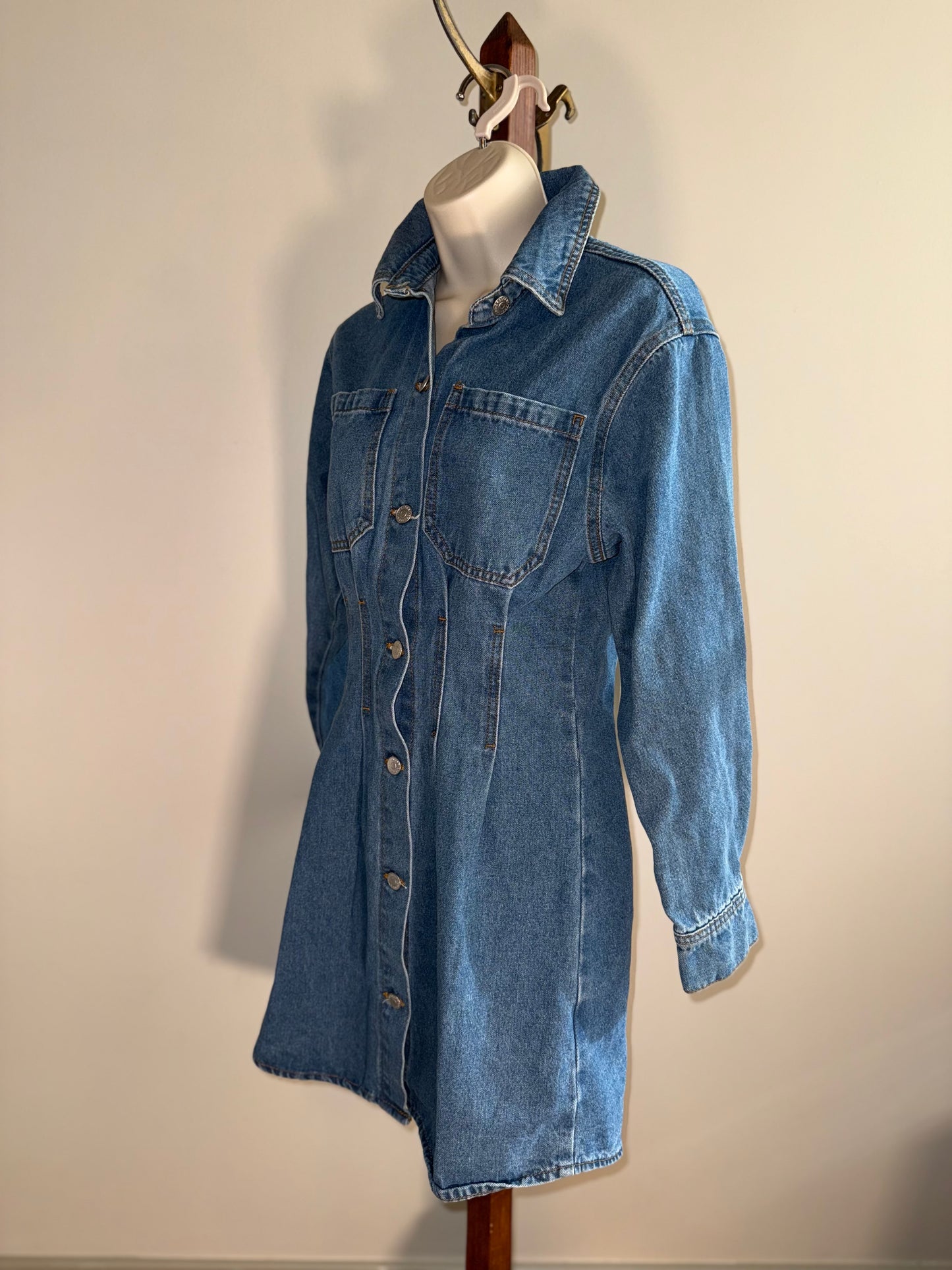 NWT Crescent (Small) Brand New Blue Denim Button Up Dress with Corset Waist