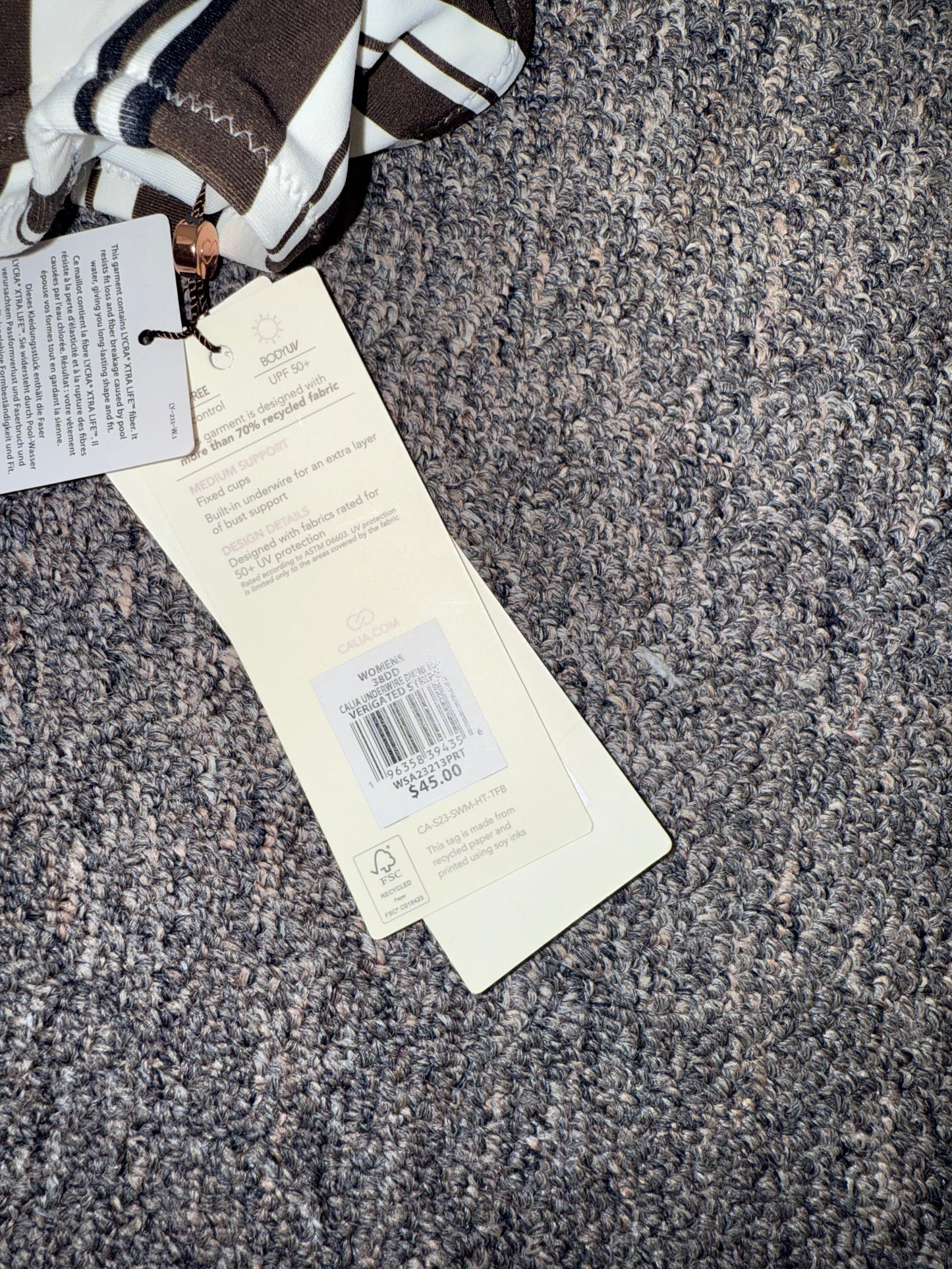 NWT Calia (38DD) Brand New Brown and White Striped Bikini Bathing Suit Top