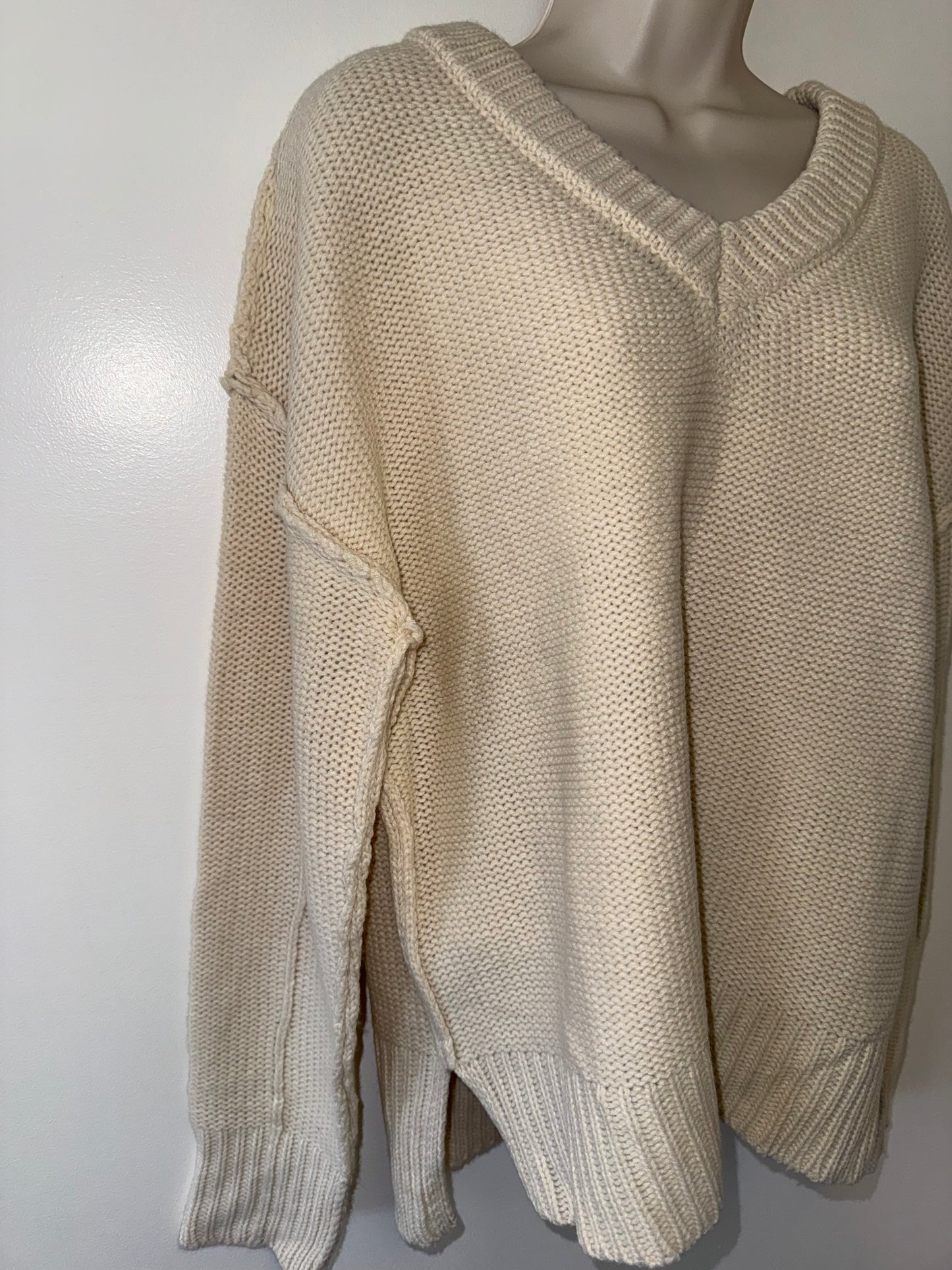 New In (Medium) Cream Cozy Oversized Cream V-Neck Knit Sweater