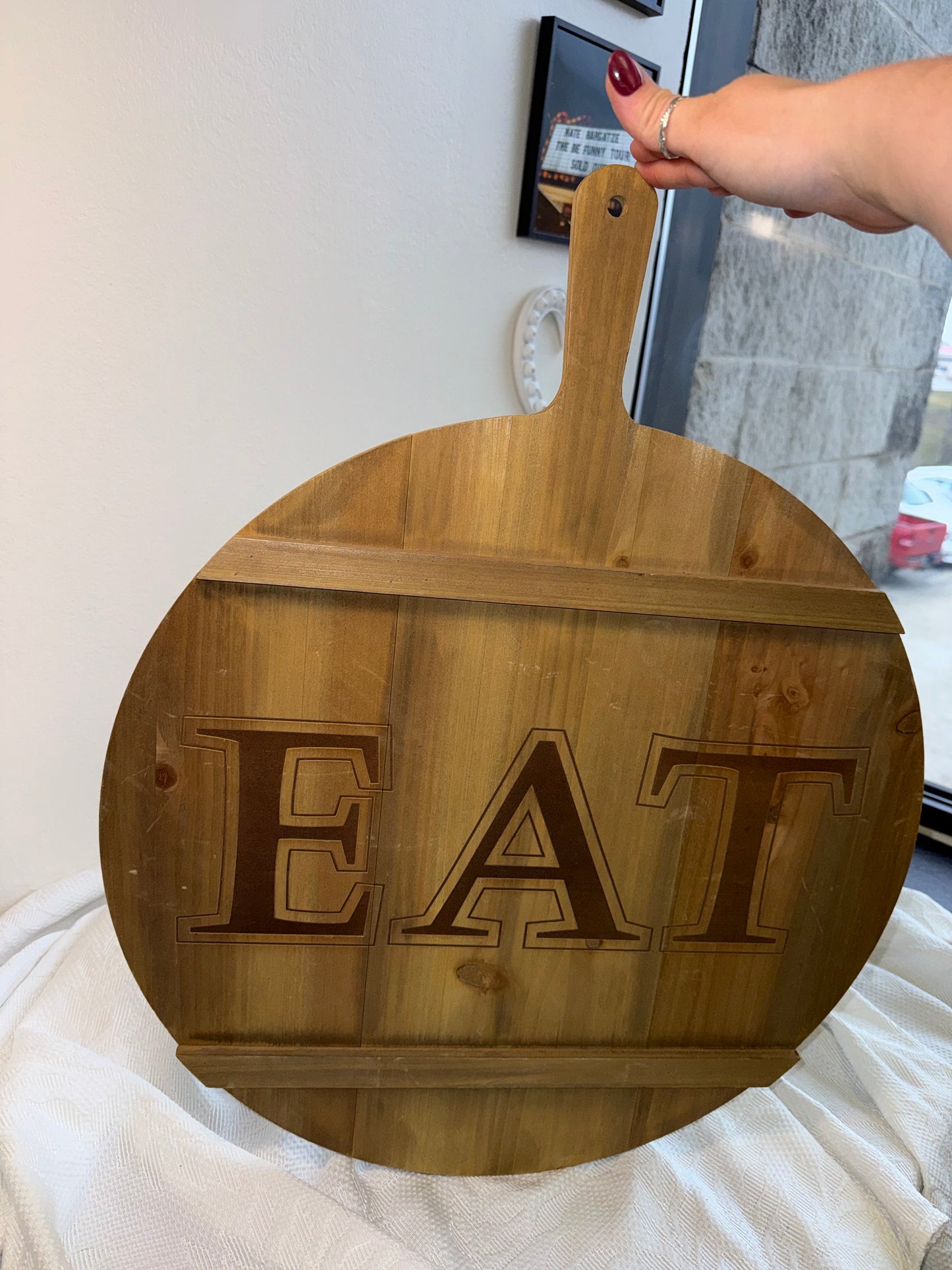 Large Round 'EAT' Wooden Paddle Charcuterie Board