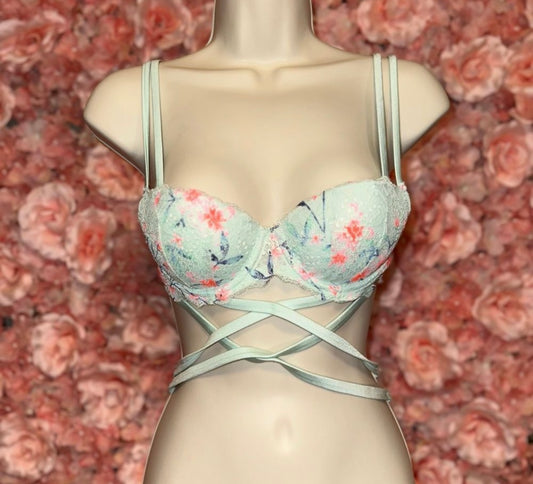 PINK VS (32B) Blue Lace Date Push Up Bra with Pink Floral Pattern