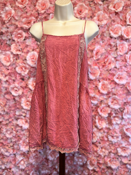 Altar'd State (Medium) Pink Lace Loose Fit Tank with Washed Look