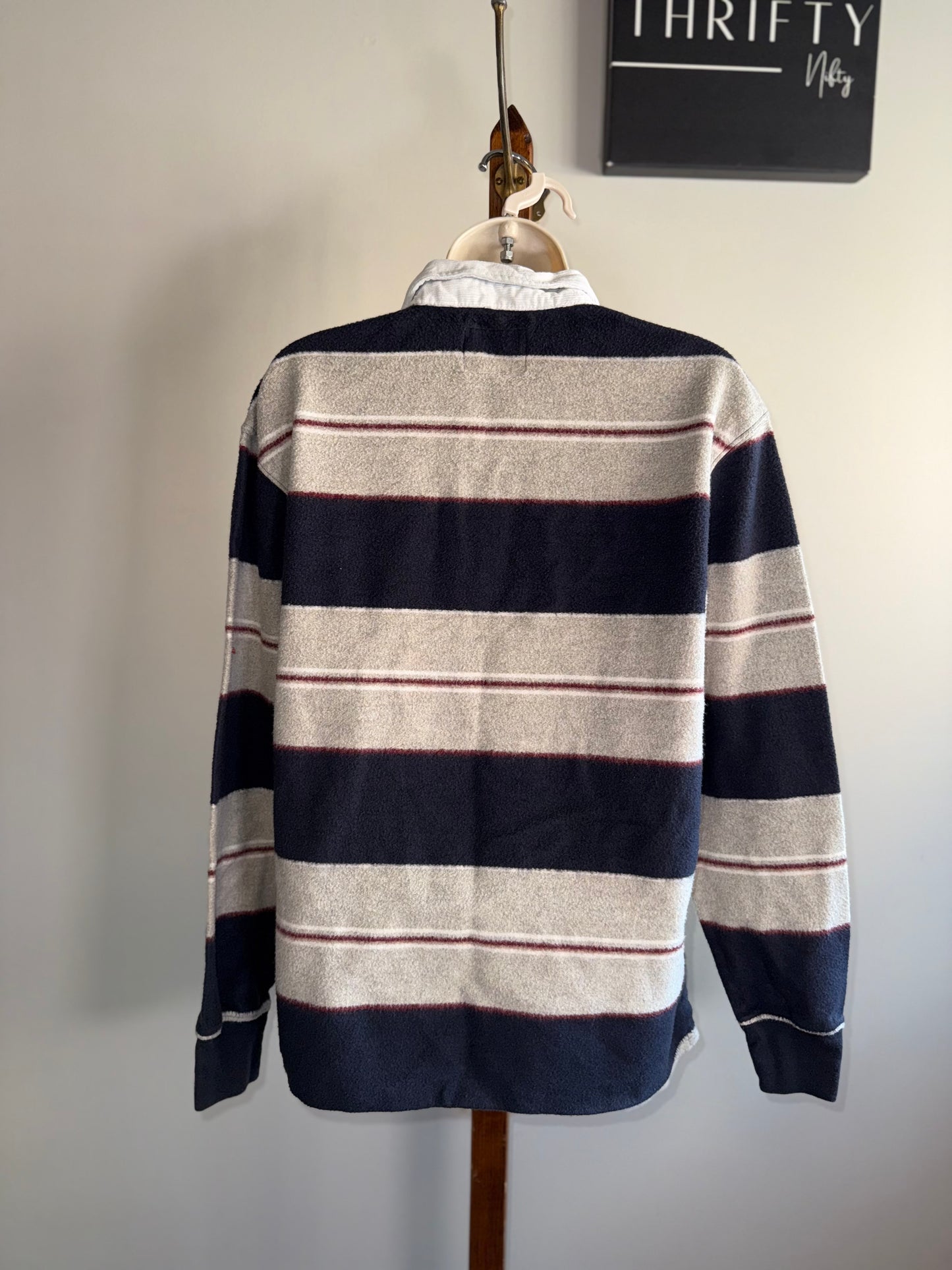 Old Navy (Small) Neutral Striped 3/4 Button Up with Corduroy Collar Quarter