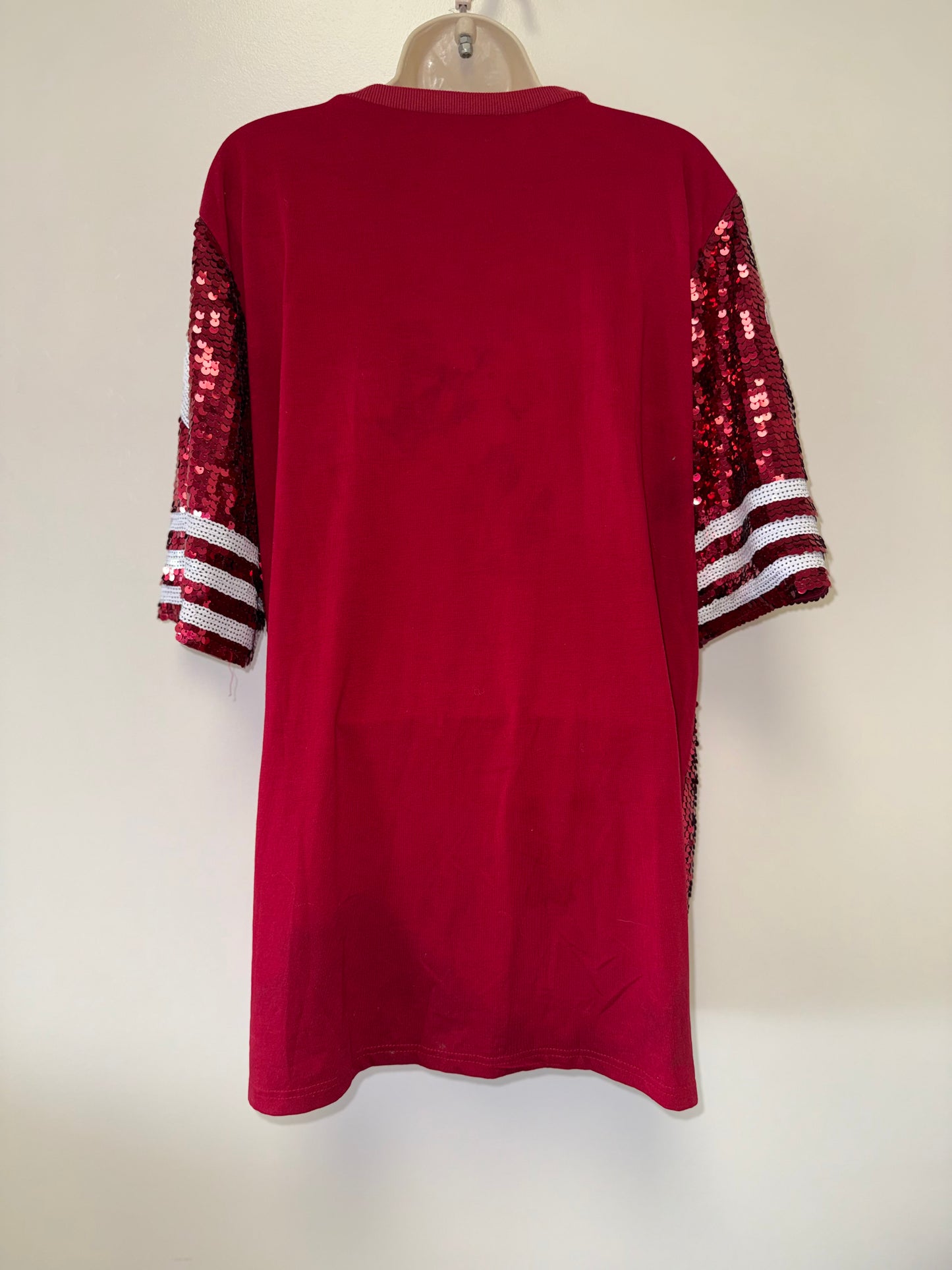 WHY Dress (OS) Red & White Short Sleeve Sequin '00' Football Jersey Dress