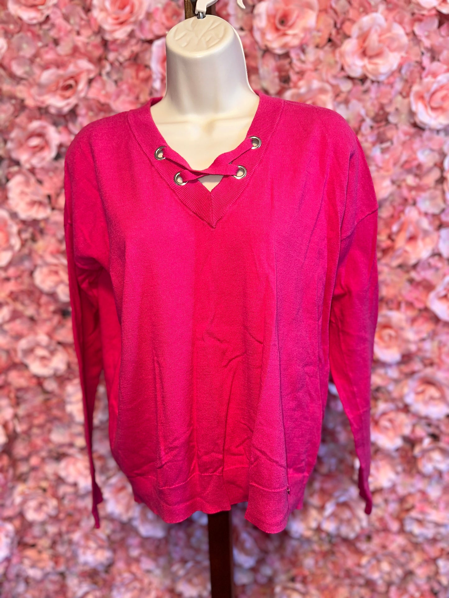 Michael Kors (Medium) Hot Pink Tied V-Neck Knit Sweater with Stretch