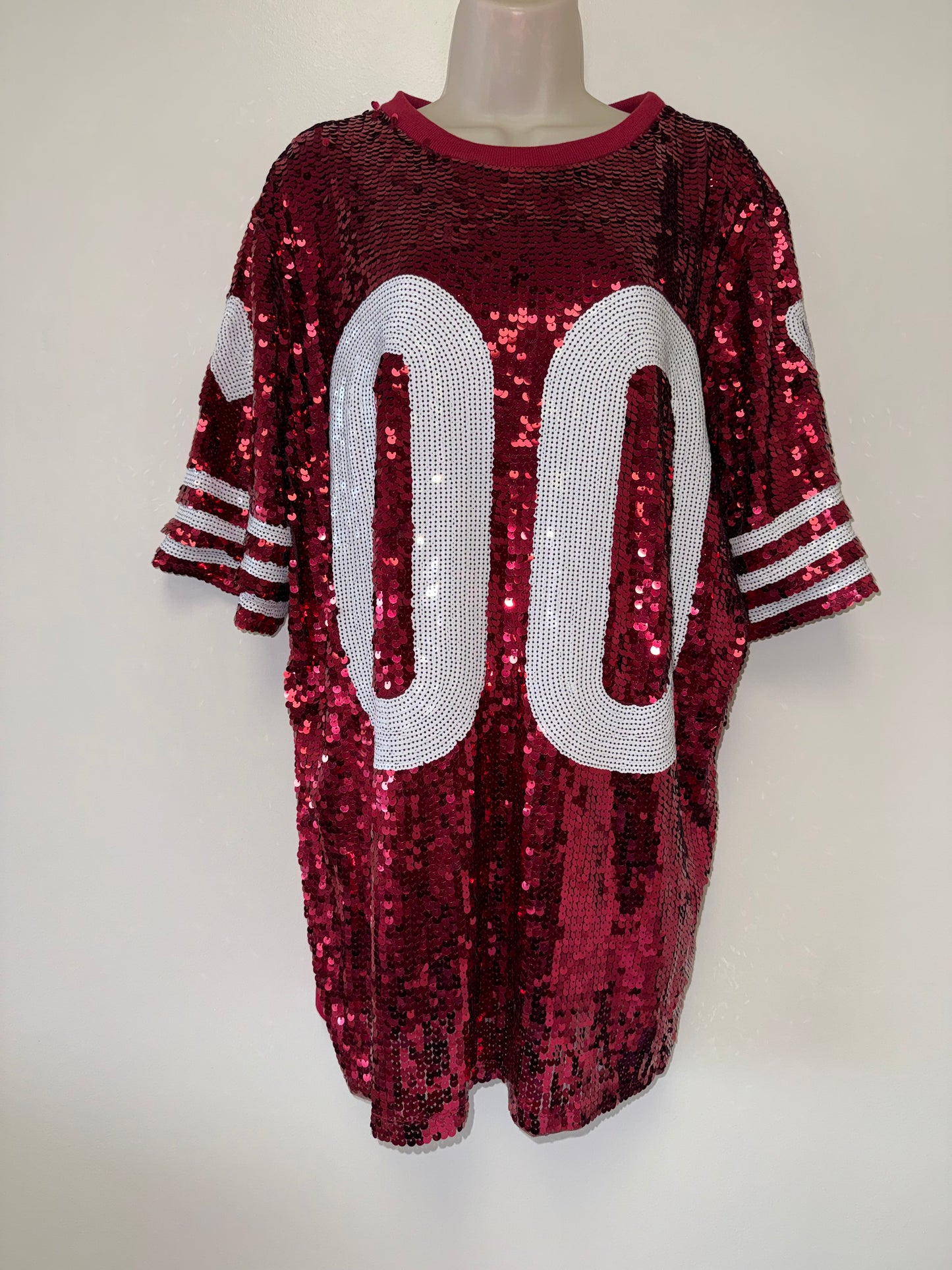 WHY Dress (OS) Red & White Short Sleeve Sequin '00' Football Jersey Dress
