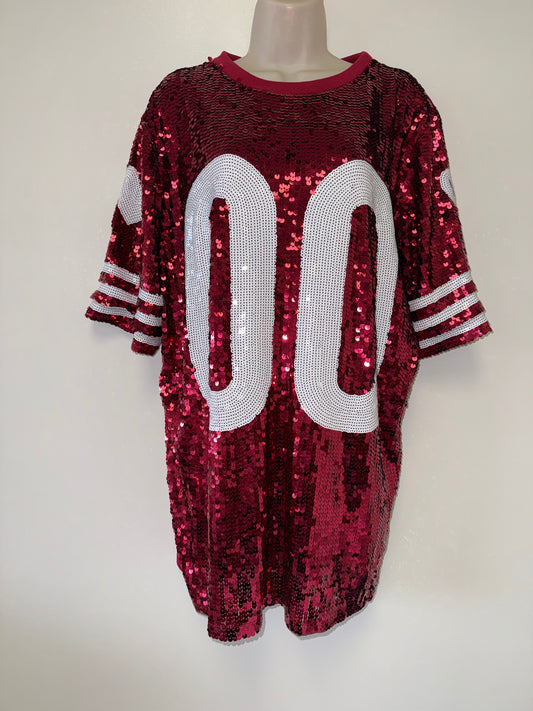 WHY Dress (OS) Red & White Short Sleeve Sequin '00' Football Jersey Dress