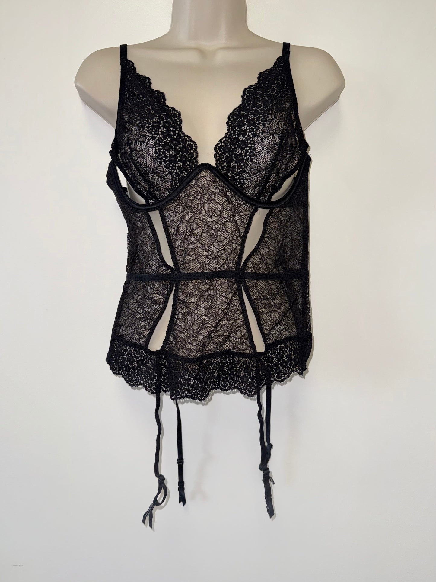 Victoria's Secret (Large) Black Lace Corset Top with Attached Garter
