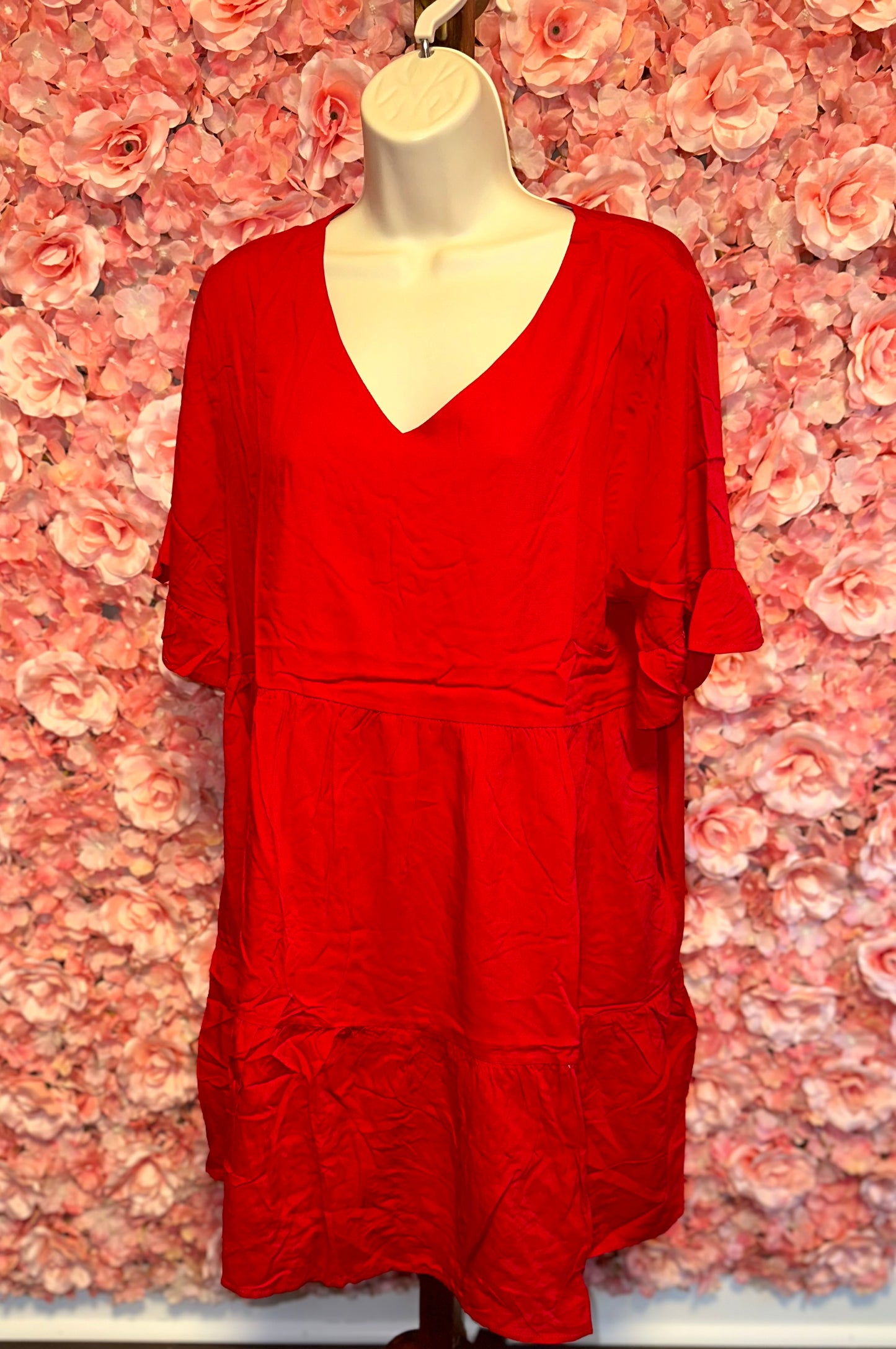 (Medium) Red Ruffle Short Sleeve Flowy Lightweight Dress