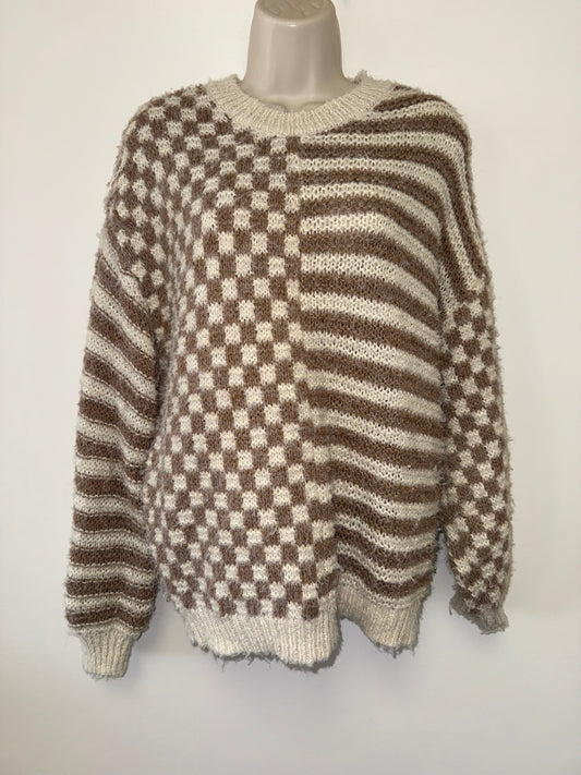 Altar'd State (Small) Cream & Brown Checkered & Striped Crewneck Sweater