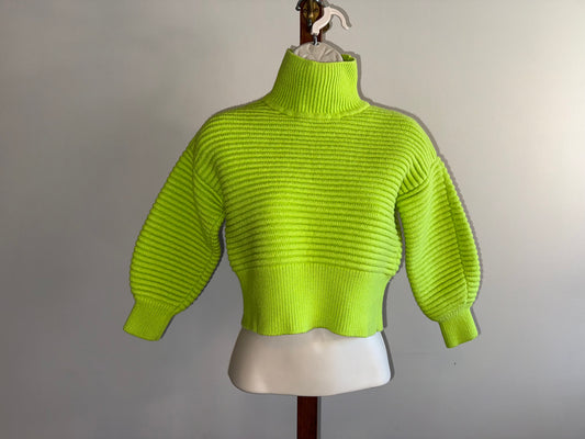 Tanya Taylor (XS) Lime Green Ribbed Turtleneck Wool Sweater