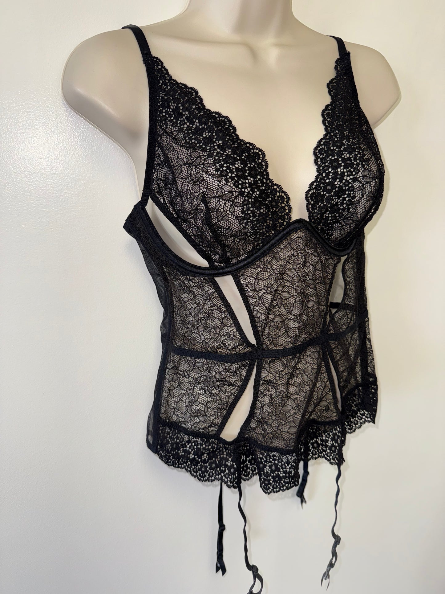 Victoria's Secret (Large) Black Lace Corset Top with Attached Garter