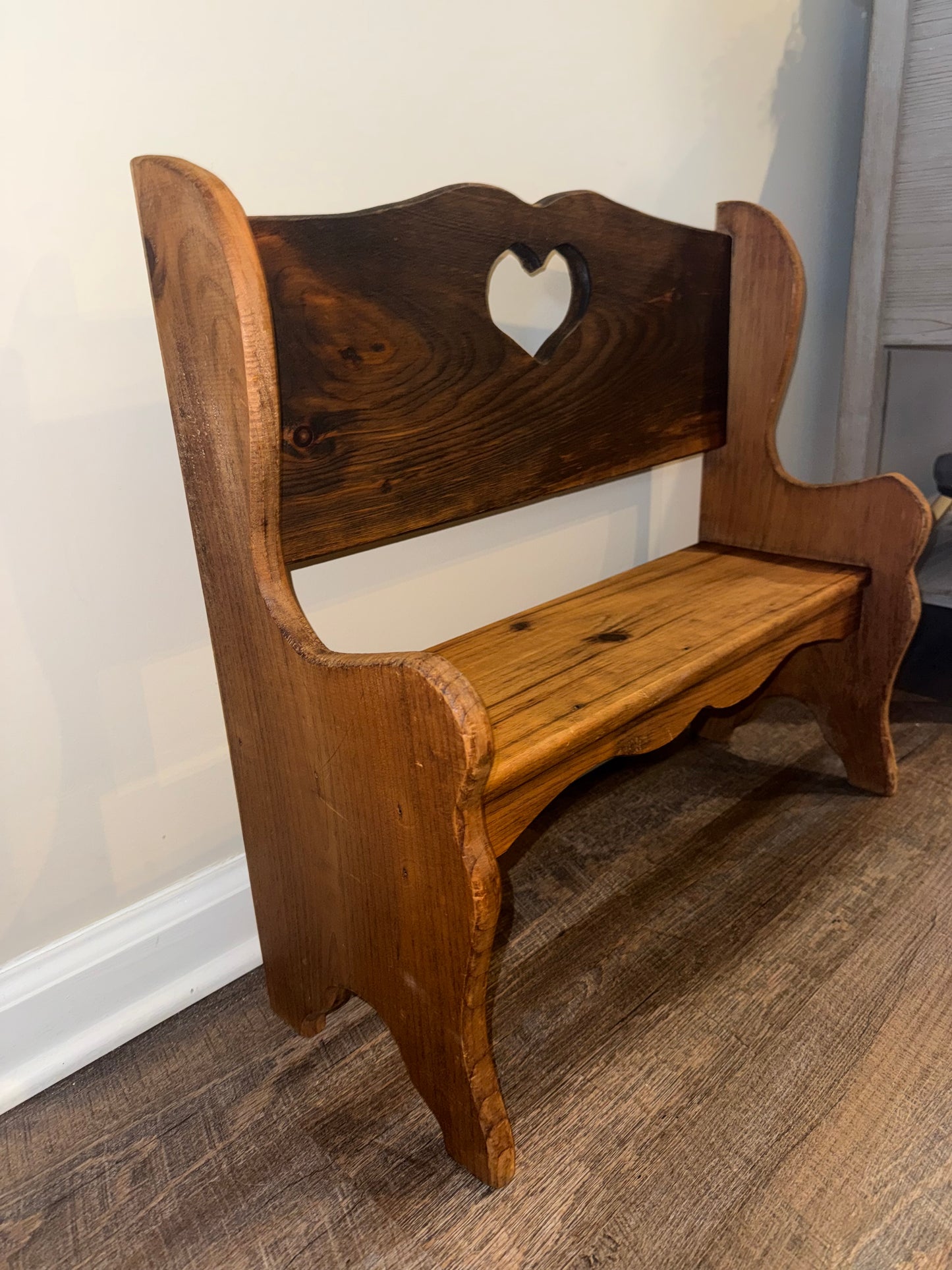 Wooden Bench with Carved Out Heart Detail