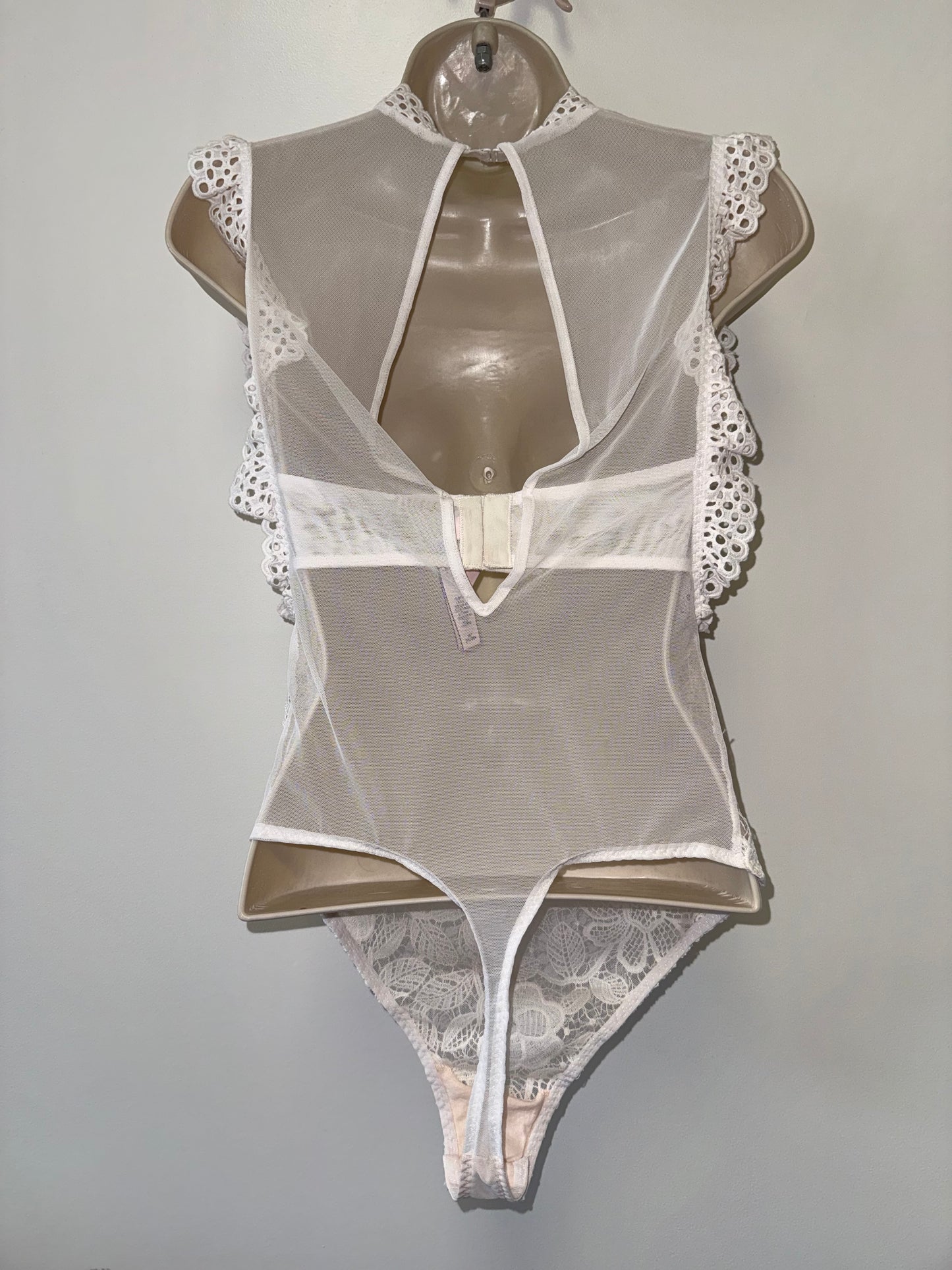 Victoria's Secret (Medium) White/Nude Lace Bodysuit with High Neck