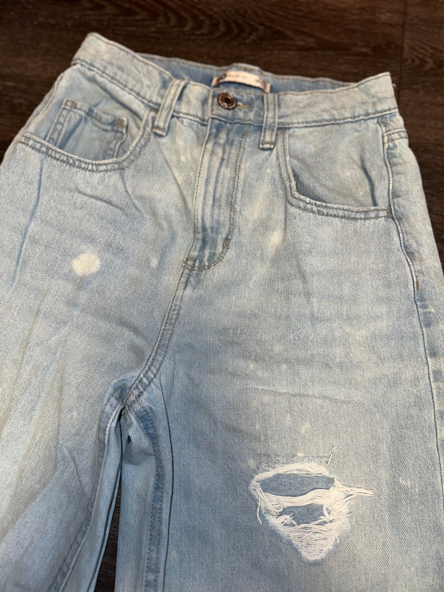 SO (3) Light Wash Highest Rise Baggy Bleach Pattern Denim Ripped (patched) Jeans