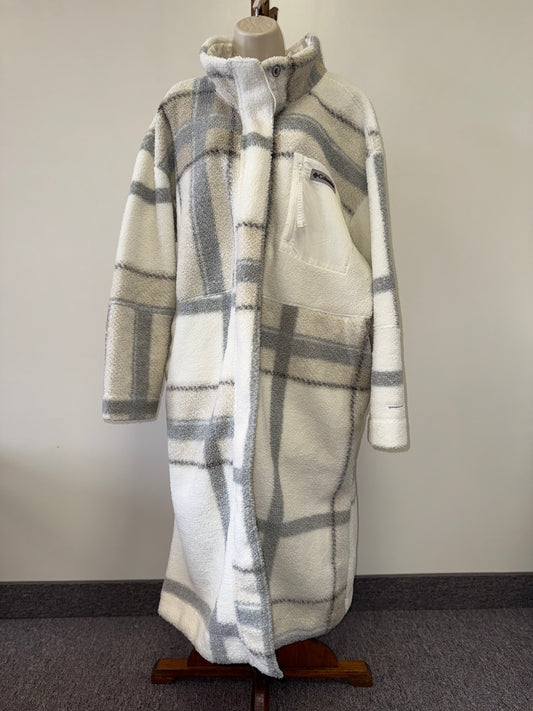Columbia (XXL) White & Gray Panorama Plaid Sherpa Full Length Trench Coat