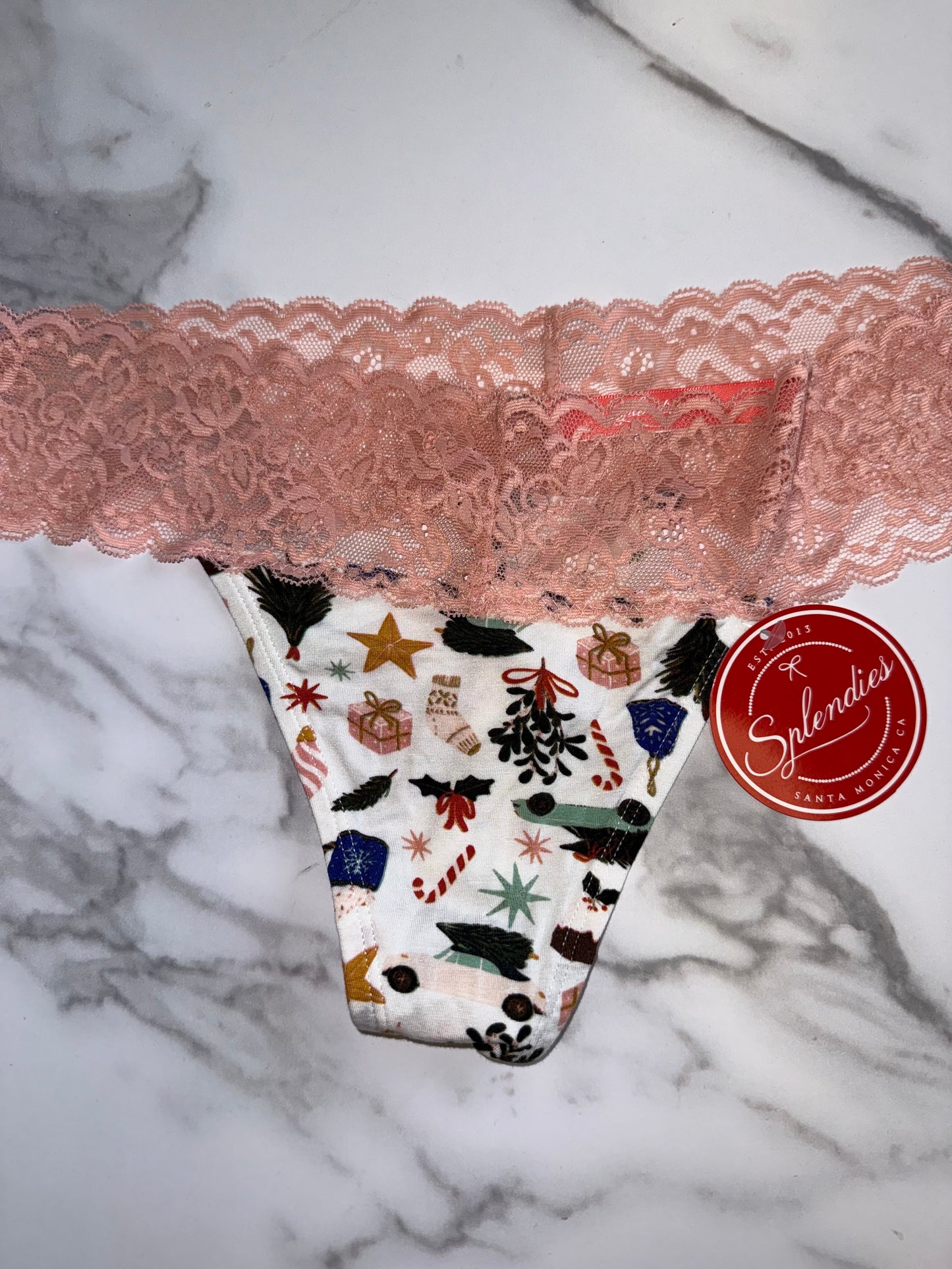NWT Splendies (XL) Brand New Christmas Themed Pattern Thong with Lace