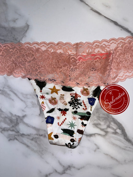 NWT Splendies (XL) Brand New Christmas Themed Pattern Thong with Lace