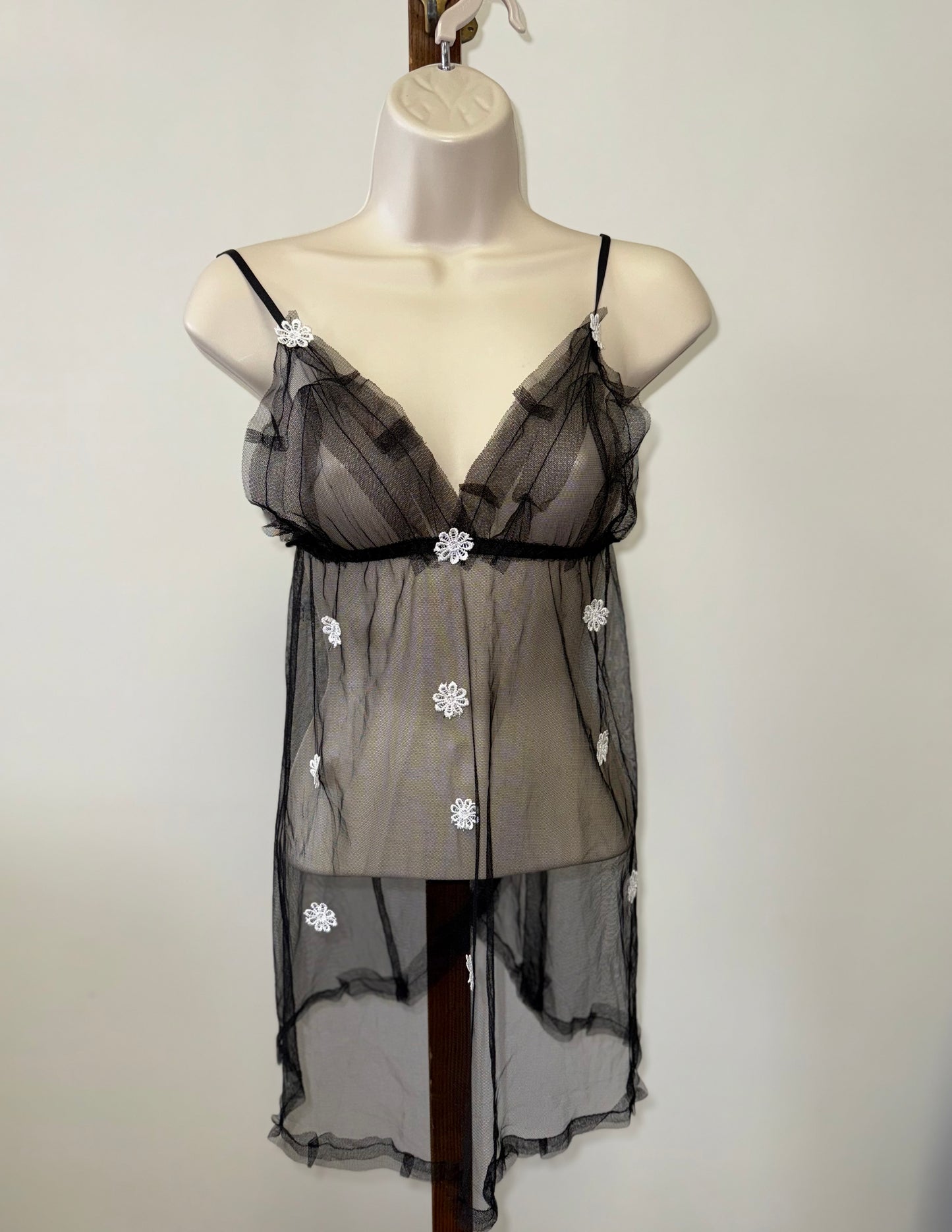 Black Sheer Floral Patched Pattern Chemise Slip