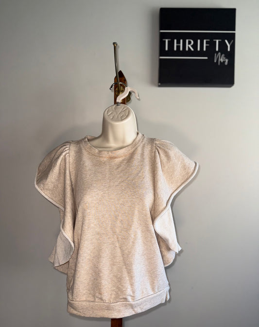 Evereve (Small) Cream Short Sleeve Sweatshirt Blouse with Ruffle Sleeves