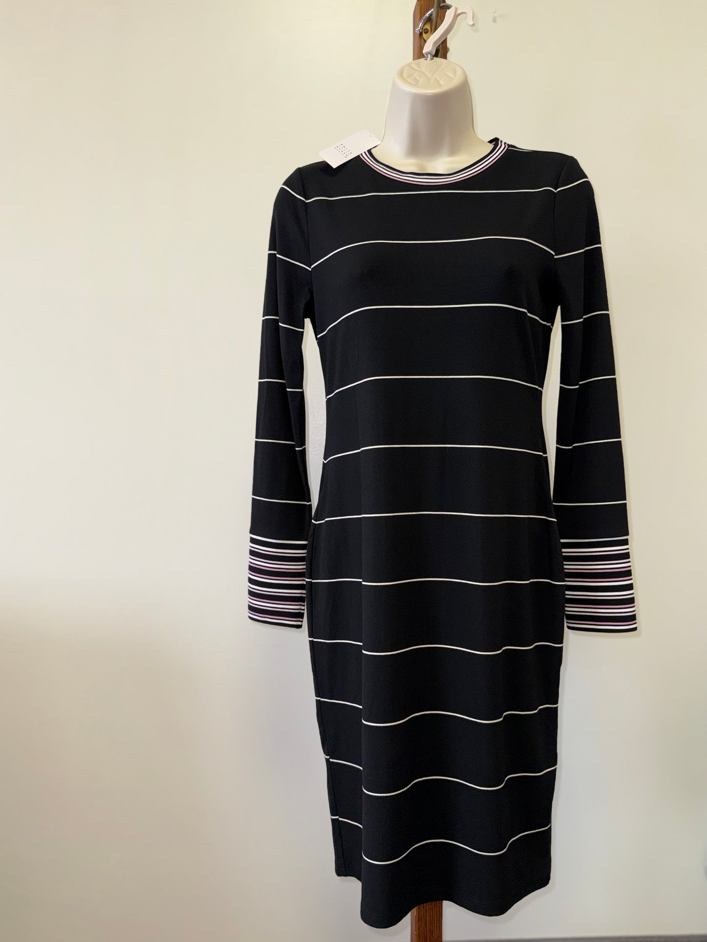 NWT WHBM (XSP) Brand New Black Long Sleeve Dress w/ Pink & White Stripes