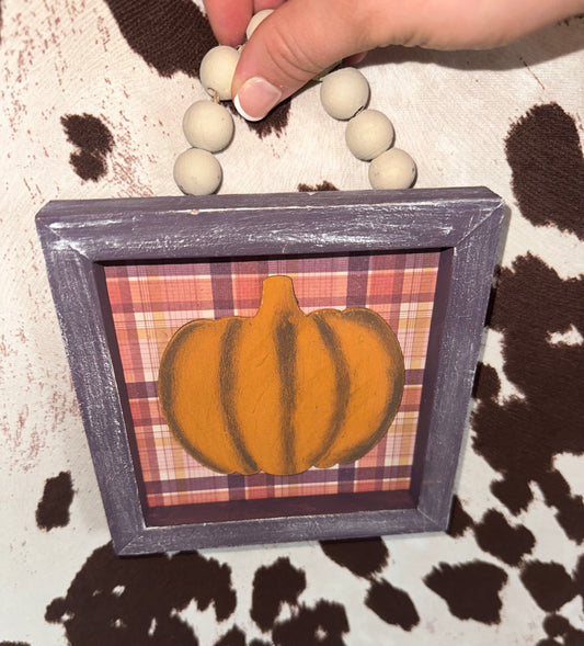 Small Wooden Pumpkin Fall Beaded Hanging Sign with Plaid Pattern