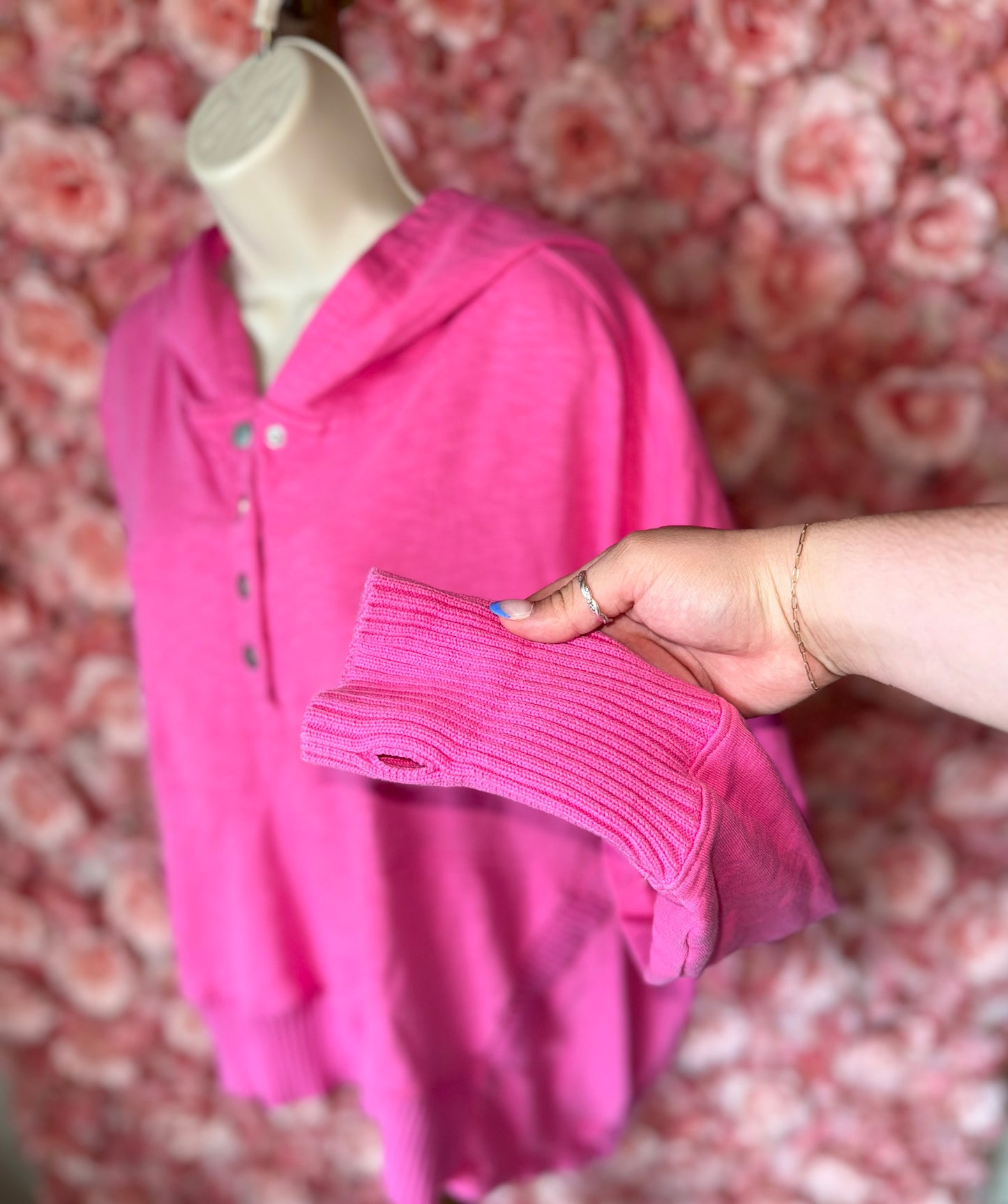 Blue B Collection (L) Hot Pink Ribbed 3/4 Button Up Hoodie w Thumb Holes