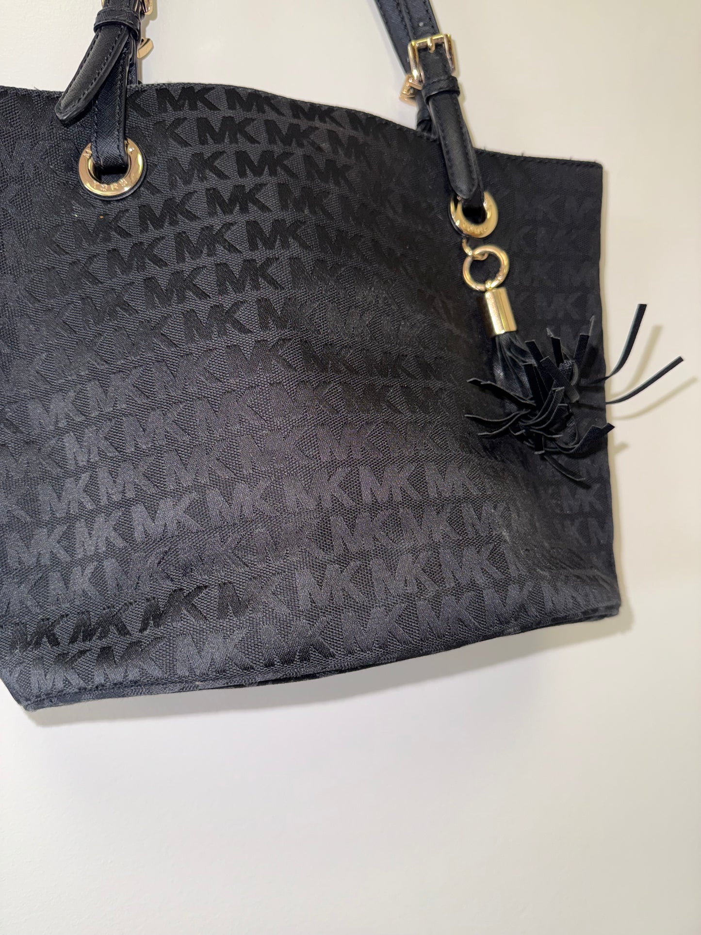 Michael Kors Black 'MK' Pattern Fabric Shoulder Bag Tote