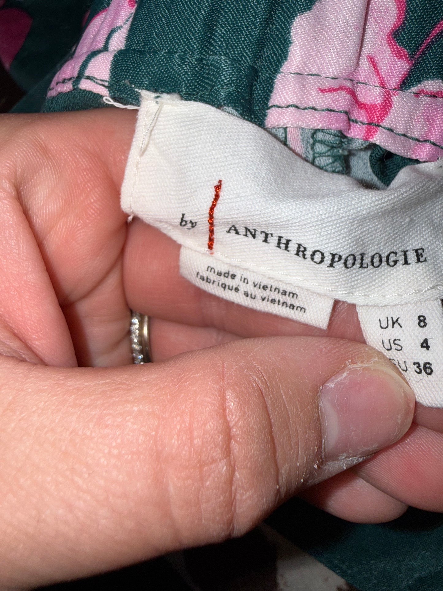 Anthropologie (4) Green Straight Pants with Pink Floral Pattern