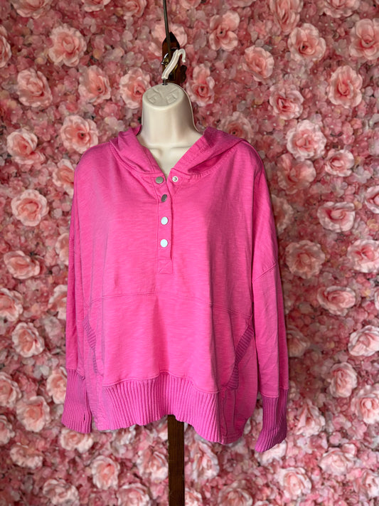 Blue B Collection (L) Hot Pink Ribbed 3/4 Button Up Hoodie w Thumb Holes
