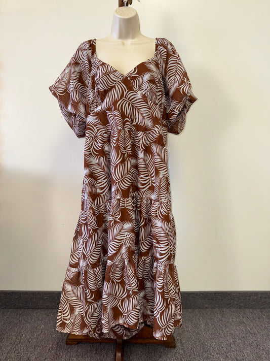 HER Destiny (1X) Brown & White Leaf Pattern Maxi Dress