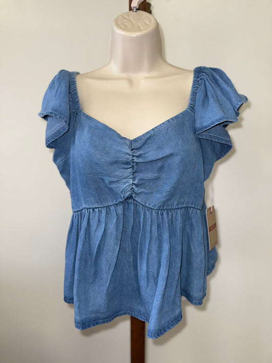 NWT Lone Star (L) Brand New Cropped Ruffle Off-The-Shoulder Denim Look Blouse